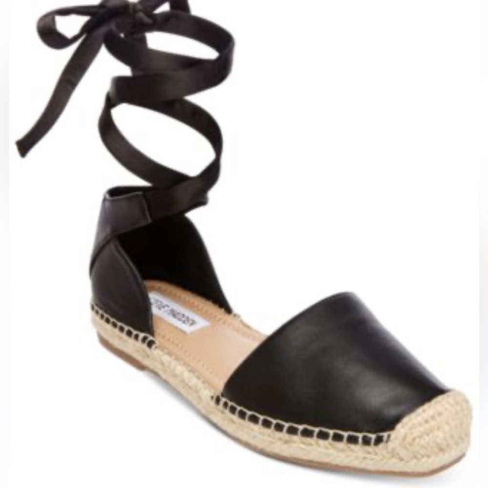 Steve Madden Black Leather Tie Up  Espadrilles
